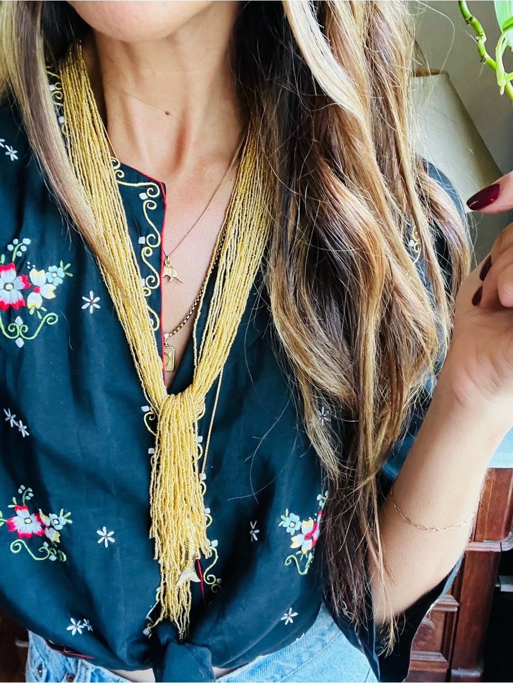 VTG 20s Gold Seed Bead Multi Strand Lariat Tassel Necklace 70s Boho Statement